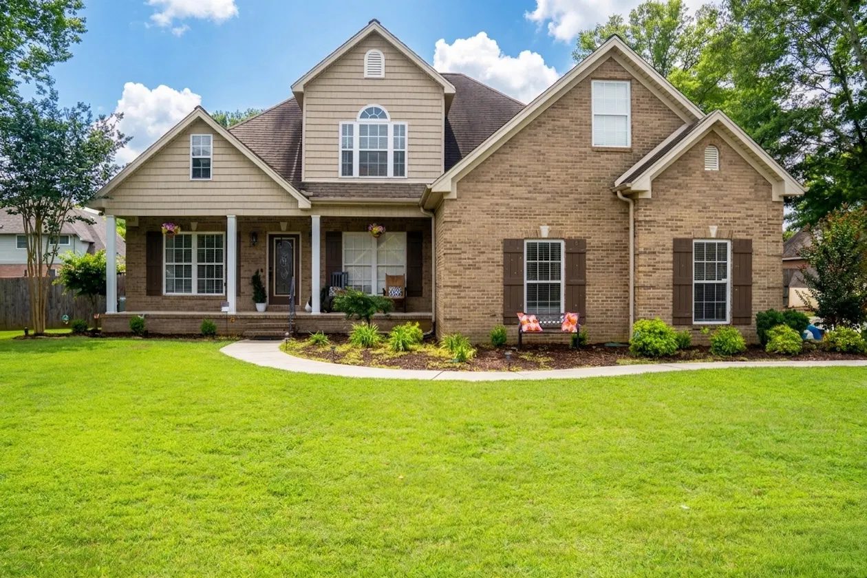 Brick and siding two story home with a covered front porch and a green lawn in the Shoals